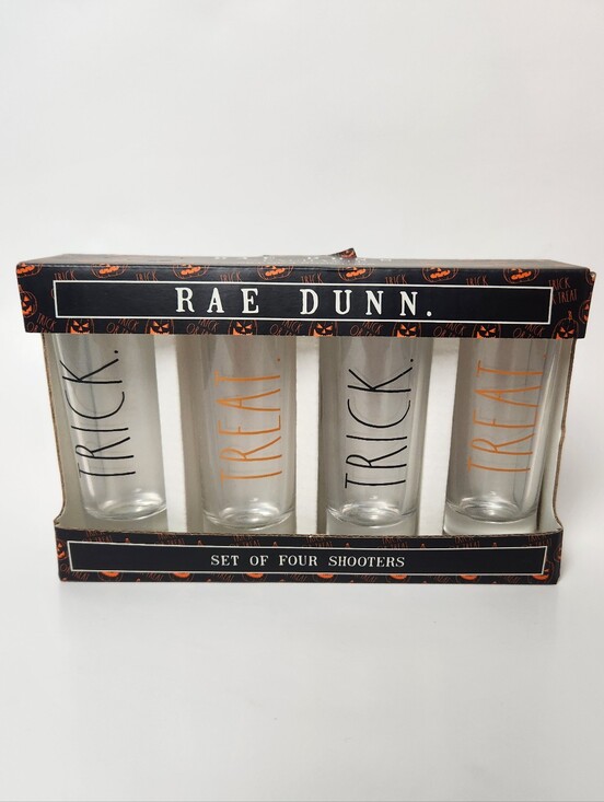 Rae Dunn Other - Rae Dunn Clear Shooter Glasses with Black and Orange Lettering - Set of 4